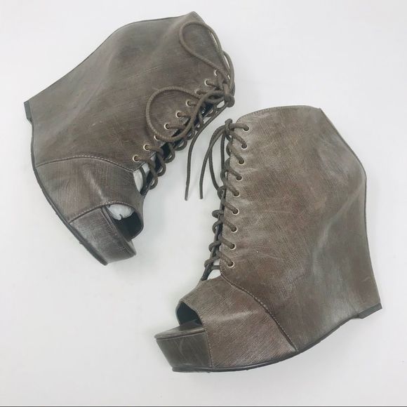 Enzo Angiolini Wedge Peep Toe Bootie Tie Up - Picture 1 of 8